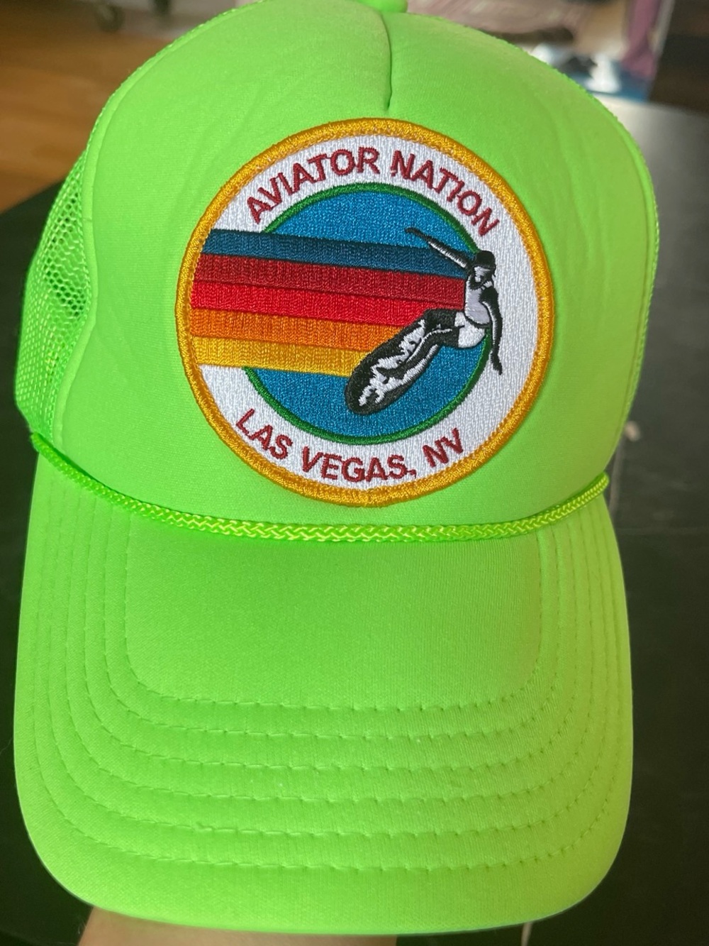 Aviator Nation Neon Green Mesh Trucker Hat with Retro Stripe Logo - Picture 1 of 3